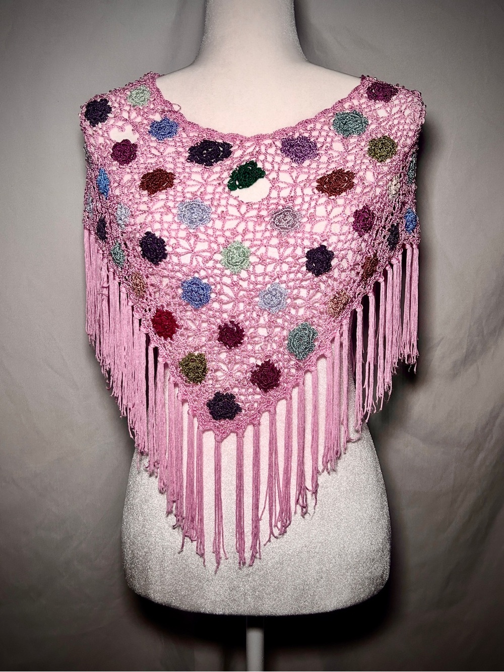 Pink Crochet Fringe Shawl with Blue Rosette Detail